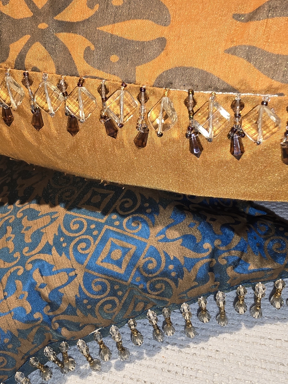 Set of 2 Embellished Beaded Decorative Silk Accent Pillows in Orange and Blue